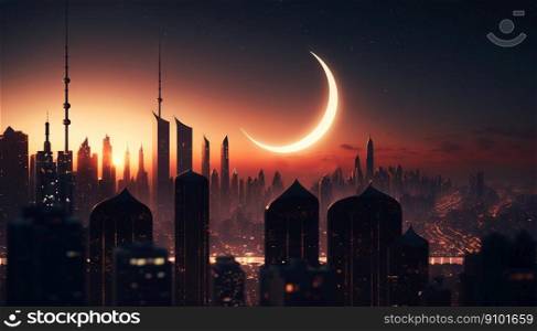Silhouette of arabian city at night with a crescent moon. Ramadan Kareem. Generative AI.. Silhouette of arabian city at night with a crescent moon. Ramadan Kareem. Generative AI