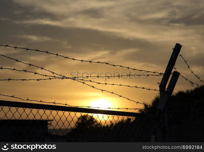 Silhouette of barbed wire fence at sunset