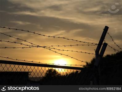 Silhouette of barbed wire fence at sunset
