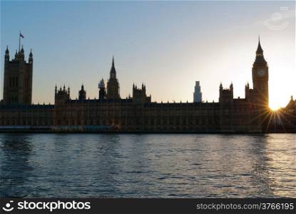 Silhouette of Big Ben and the Houses of Parliament in London in sunset in sunrise