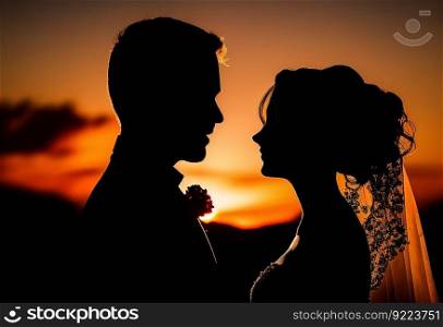 Silhouette of bride and groom embracing each other illustration. AI generative.