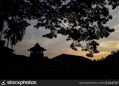 Silhouette of buildings and trees at sunset, Chiang Rai, Thailand