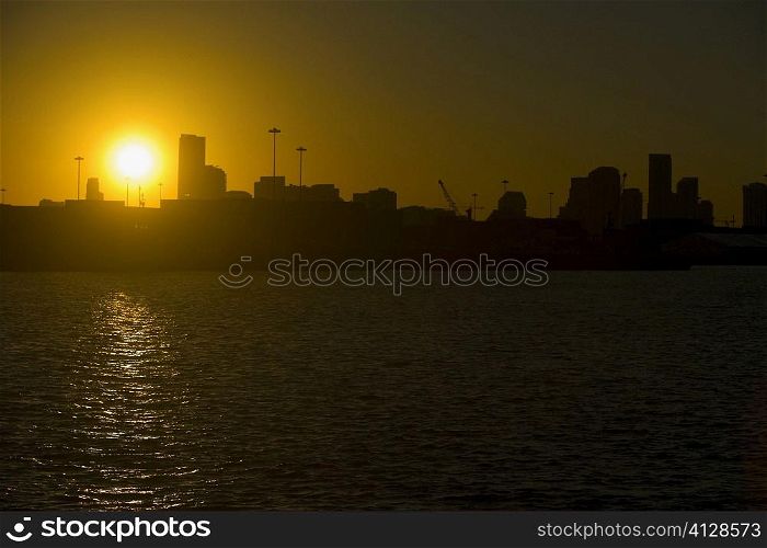 Silhouette of buildings at sunset, Miami, Florida, USA