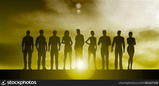 Silhouette of Business People on a Sunset Background as Abstract. Business Integration