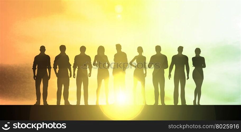 Silhouette of Business People on a Sunset Background as Abstract. System Scan