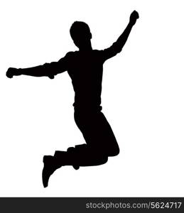 Silhouette of businessman jumping, mid-air.