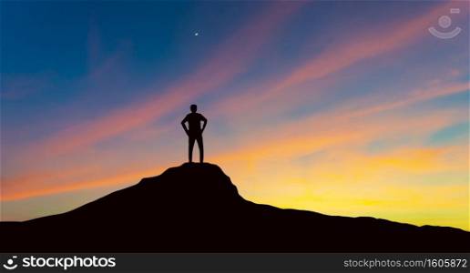 Silhouette of businessman on mountain top over sunset sky background, business, success, leadership and achievement concept