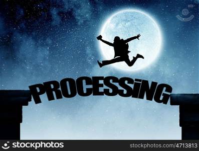 Silhouette of businessman over moon. Businessman running on processing word bridge over precipice