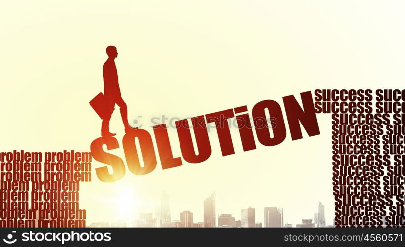 Silhouette of businessman over sunrise. Businessman running on solution word bridge over precipice