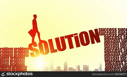 Silhouette of businessman over sunrise. Businessman running on solution word bridge over precipice