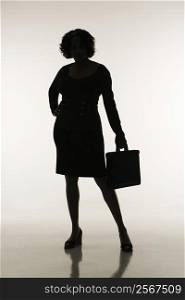 Silhouette of businesswoman holding briefcase.
