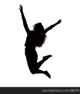 Silhouette of businesswoman jumping, mid-air.