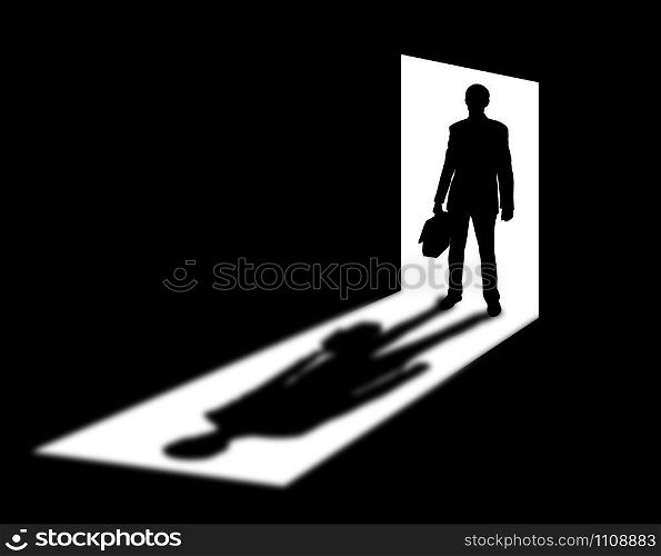 Silhouette of coming businessman in doorway with shadow