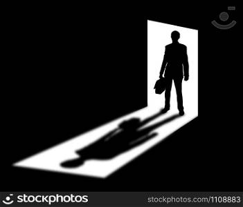 Silhouette of coming businessman in doorway with shadow