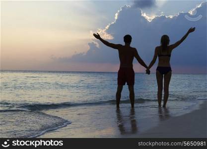 Silhouette Of Couple Walking Along Beach At Sunset