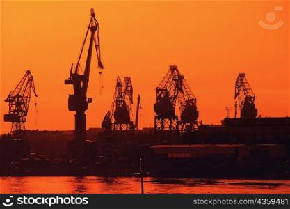 Silhouette of cranes at the harbor, St. Petersburg, Russia