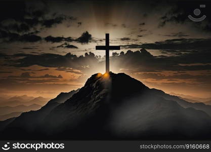 Silhouette of Crucifix Cross on Mountain with Sunset Scene Created with Generative AI Technology