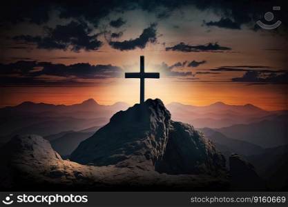 Silhouette of Crucifix Cross on Mountain with Sunset Scene Created with Generative AI Technology