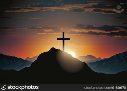 Silhouette of Crucifix Cross on Mountain with Sunset Scene Created with Generative AI Technology