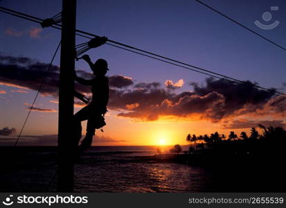 Silhouette of electrician on telephone pole with ocean and sunset in background