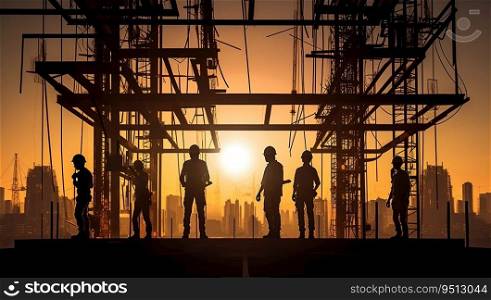 silhouette of engineer and worker working on construction site at sunset