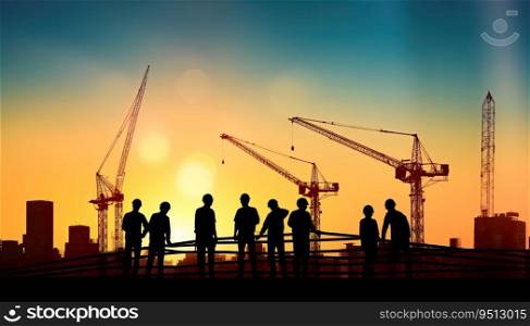Silhouette of engineer working on construction site at sunset background.