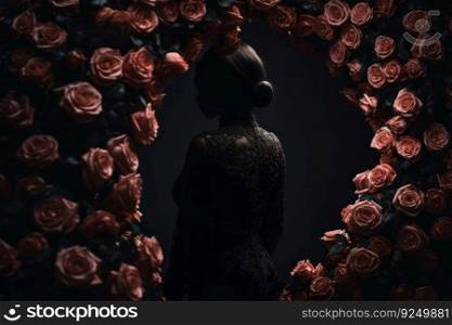 silhouette of feminine woman in pink roses
 generative ai.