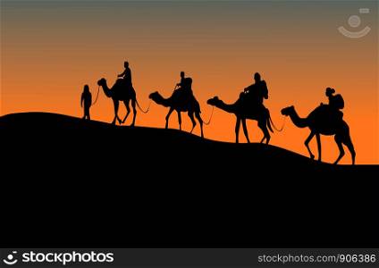 silhouette of four camel riders. Up hill with sunset background