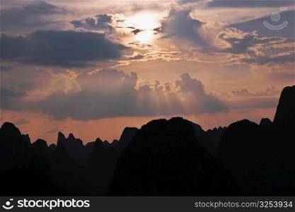Silhouette of hills at dusk, XingPing, Yangshuo, Guangxi Province, China