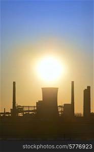 silhouette of industrial factory at sunset, Arcelor Mittal Galati
