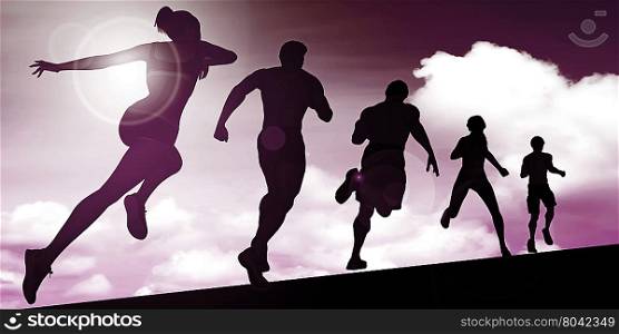 Silhouette of Joggers Running Against the Sun. Futuristic Technology