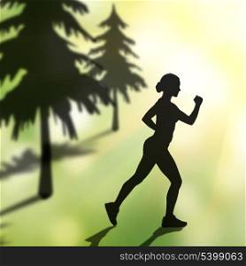silhouette of jogging woman in forest