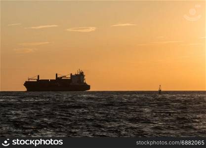 Silhouette of Large Red Container Ship Near Coastline at Sunset