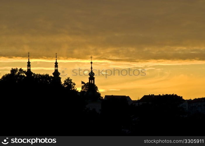 silhouette of Loreto in Prague at sunset