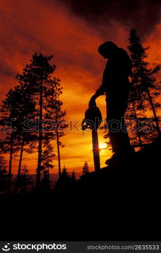 Silhouette of lumber jack with chain saw in forest with orange sunset in background
