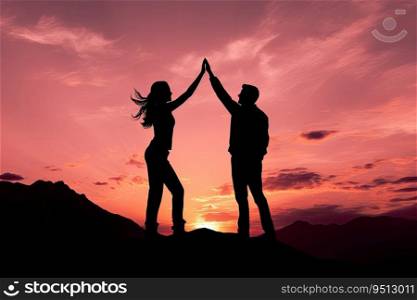 Silhouette of man and woman giving high five on sunset background