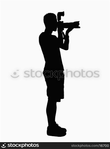 Silhouette of man holding camera.