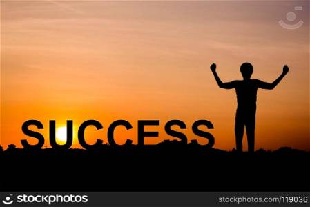 Silhouette of man on sunset with success, business concept