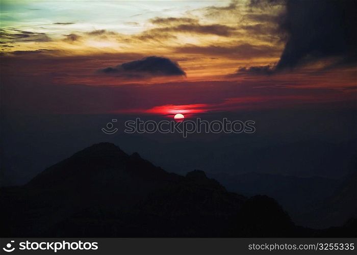 Silhouette of mountains at dusk, Huangshan Mountains, Anhui Province, China