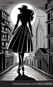 Silhouette of mysterious woman with hat walking alone in the moonlit city street at night. Noir comic book style generative AI illustration, book cover design