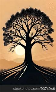 Silhouette of old branchy tree and the setting Sun. Generative AI illustration, poster design