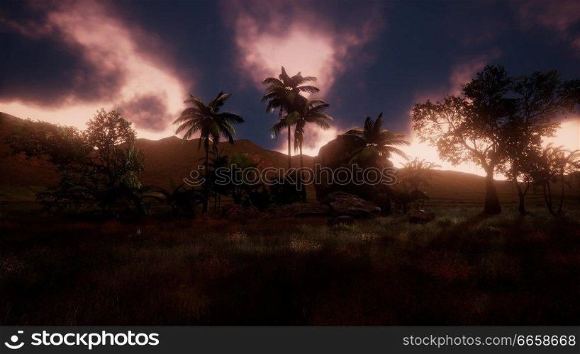 Silhouette of palm trees and a beautiful sunset at tropical mountain landscape
