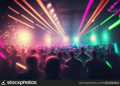 Silhouette of peop≤raise hand up in concert orμsic festival, crowd of fans, rock concert, night club. AI. Silhouette of peop≤at concert orμsic festival with≠on lights. AI