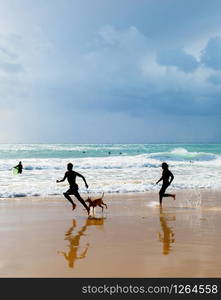 Silhouette of people playing with a dog on the beach. Algarve, Portugal