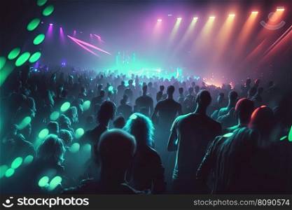 Silhouette of people raise hand up in concert or music festival, crowd of fans, rock concert, night club. AI. Silhouette of people at concert or music festival with neon lights. AI