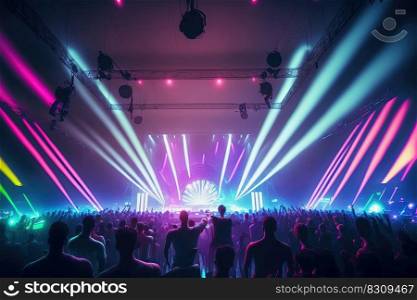 Silhouette of people raise hand up in concert or music festival, crowd of fans, rock concert, night club. AI. Silhouette of people at concert or music festival with neon lights. AI