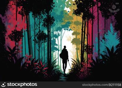 silhouette of person walking through the forest, with tall bamboo trees and colorful flowers, created with generative ai. silhouette of person walking through the forest, with tall bamboo trees and colorful flowers