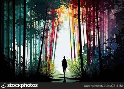 silhouette of person walking through the forest, with tall bamboo trees and colorful flowers, created with generative ai. silhouette of person walking through the forest, with tall bamboo trees and colorful flowers