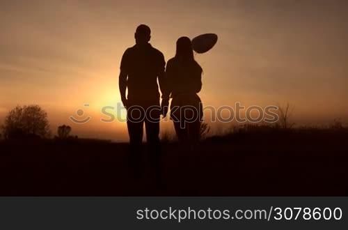 Silhouette of romantic couple in love holding hands and enjoying the sunset in the meadow. Attractive couple standing in the field and watching amazing sunset. Two lovers building plans for future life together in rays of setting sun. Stabilized shot