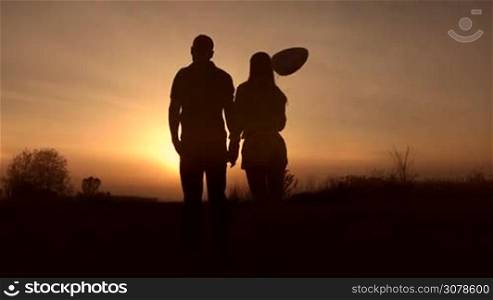 Silhouette of romantic couple in love holding hands and enjoying the sunset in the meadow. Attractive couple standing in the field and watching amazing sunset. Two lovers building plans for future life together in rays of setting sun. Stabilized shot